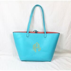 Reversible Tote Bag Blue Faux Leather April Logo Handbag Shoulder Bag